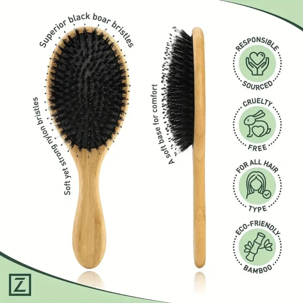 Boar Bristle Brush, Bamboo Handle, Anti-Static Comb